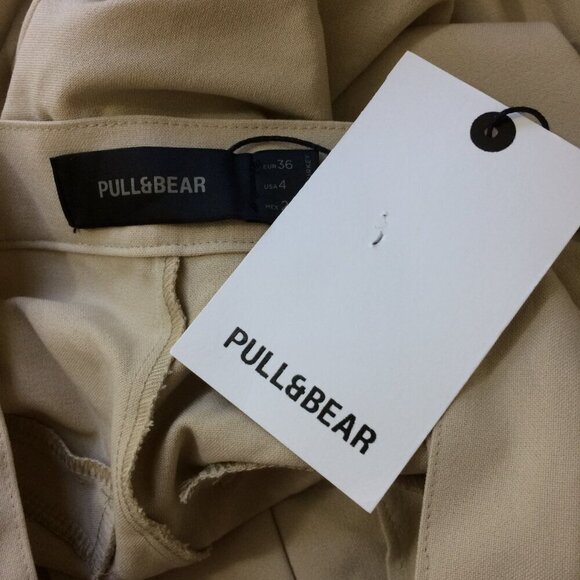 Pull & Bear Pants Wide Leg Office Career NEW Beige Viscose Stretch Blend Size 4 - Picture 3 of 4